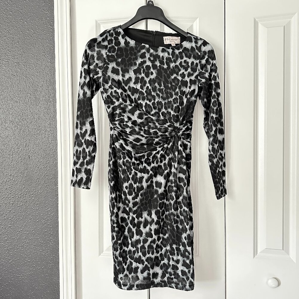 PHILOSOPHY |  Leopard Print Ruched Long Sleeve Dress | Black &White | Size:S